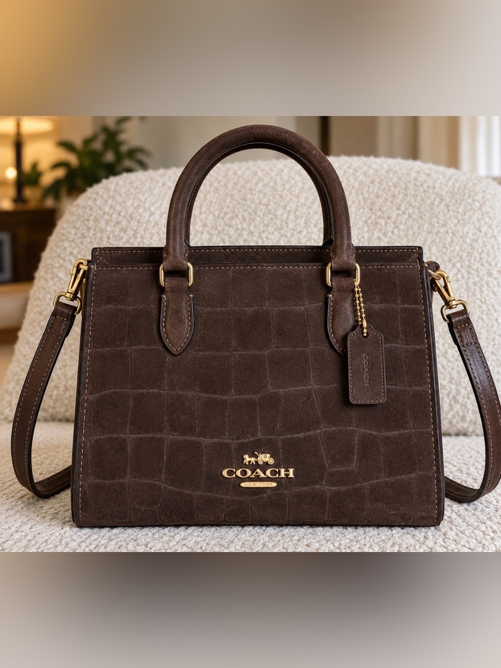 Coach Maggie Small Tote Croc Embossed Suede Brown Gold CCC71